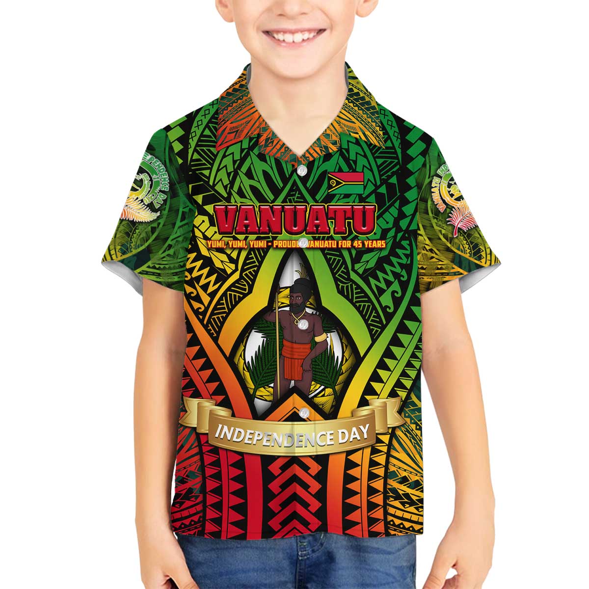 Vanuatu 45th Independence Anniversary Family Matching Off The Shoulder Long Sleeve Dress and Hawaiian Shirt Embracing Our Traditions Shaping Our Future DT02 Son's Shirt Art - Polynesian Pride