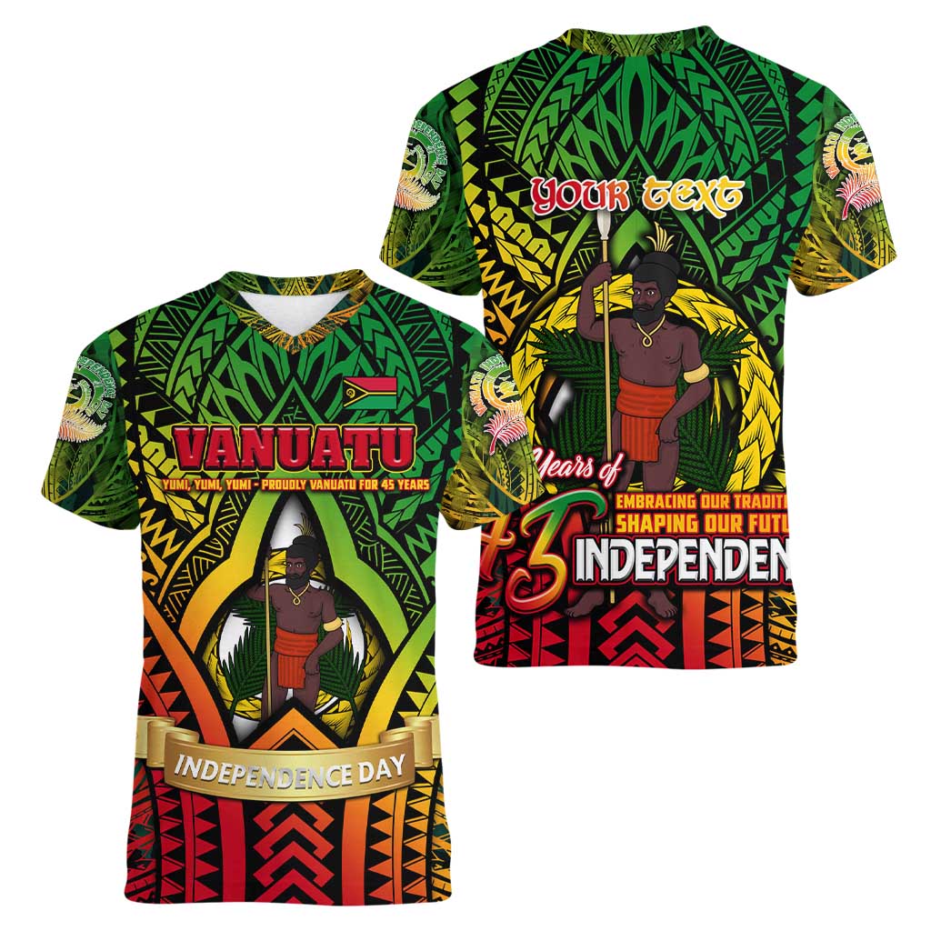 Vanuatu 45th Independence Anniversary Women V-Neck T-Shirt Embracing Our Traditions Shaping Our Future DT02 - Polynesian Pride