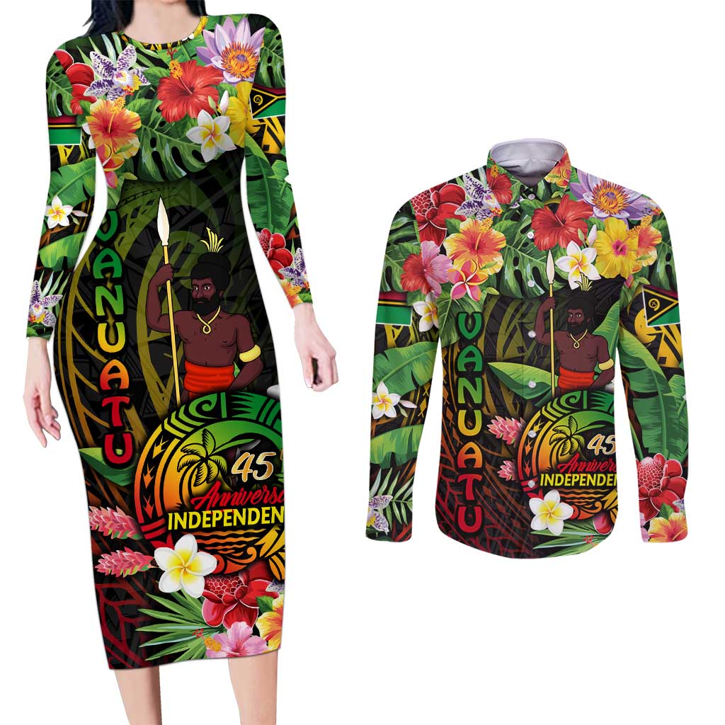45th Anniversary of Freedom Vanuatu Couples Matching Long Sleeve Bodycon Dress and Long Sleeve Button Shirt Island Pride Cultural Power Pacific Unity DT02 Art - Polynesian Pride