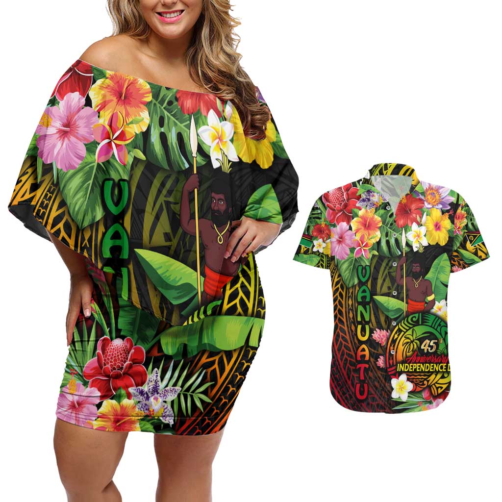45th Anniversary of Freedom Vanuatu Couples Matching Off Shoulder Short Dress and Hawaiian Shirt Island Pride Cultural Power Pacific Unity DT02 Art - Polynesian Pride