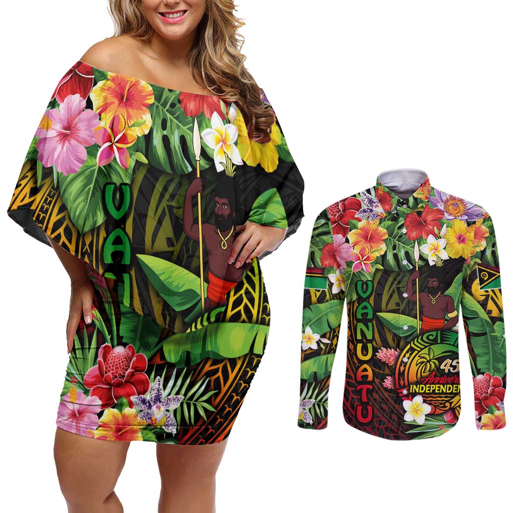 45th Anniversary of Freedom Vanuatu Couples Matching Off Shoulder Short Dress and Long Sleeve Button Shirt Island Pride Cultural Power Pacific Unity DT02 Art - Polynesian Pride