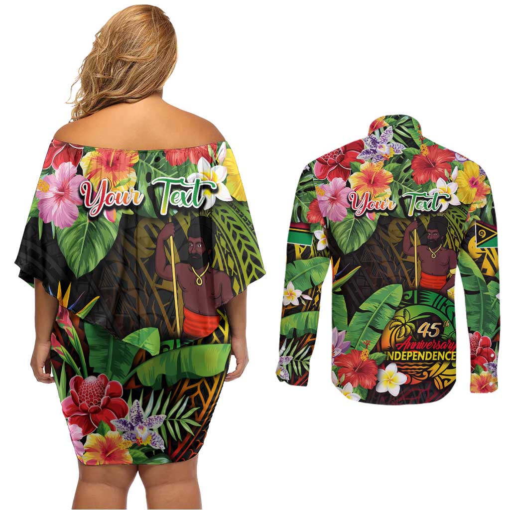 45th Anniversary of Freedom Vanuatu Couples Matching Off Shoulder Short Dress and Long Sleeve Button Shirt Island Pride Cultural Power Pacific Unity DT02 - Polynesian Pride