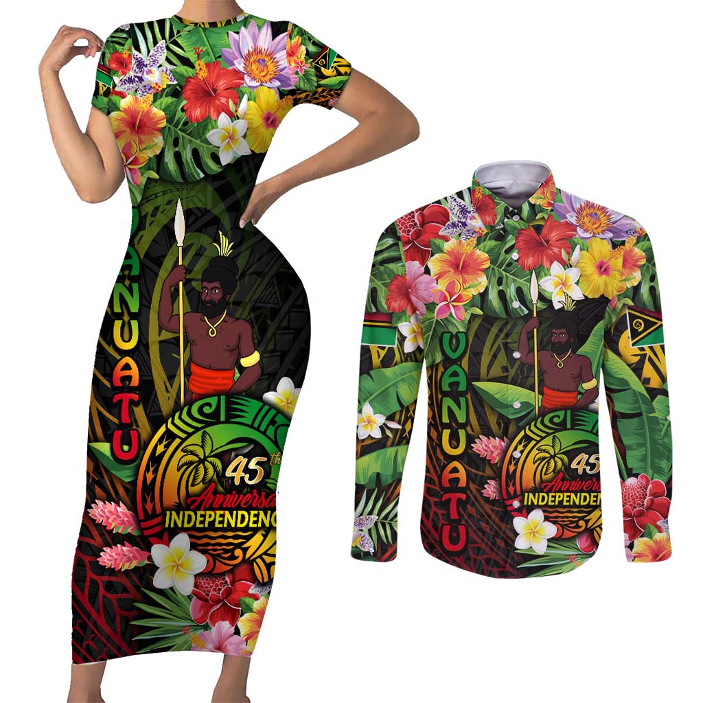 45th Anniversary of Freedom Vanuatu Couples Matching Short Sleeve Bodycon Dress and Long Sleeve Button Shirt Island Pride Cultural Power Pacific Unity DT02 Art - Polynesian Pride
