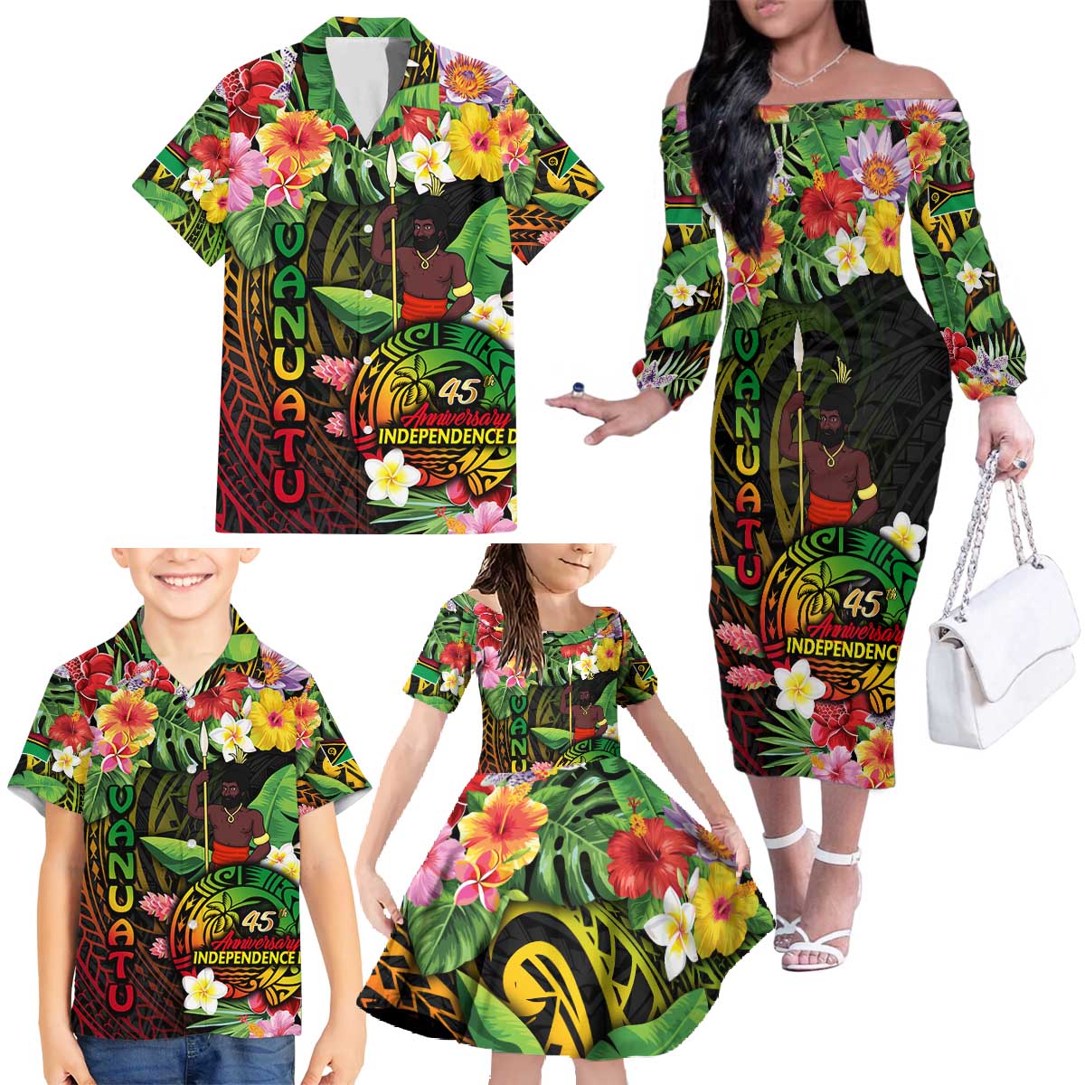 45th Anniversary of Freedom Vanuatu Family Matching Off The Shoulder Long Sleeve Dress and Hawaiian Shirt Island Pride Cultural Power Pacific Unity DT02 - Polynesian Pride
