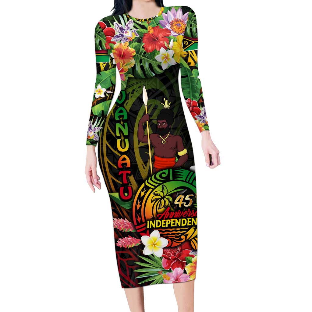 45th Anniversary of Freedom Vanuatu Long Sleeve Bodycon Dress Island Pride Cultural Power Pacific Unity DT02 Long Dress Art - Polynesian Pride