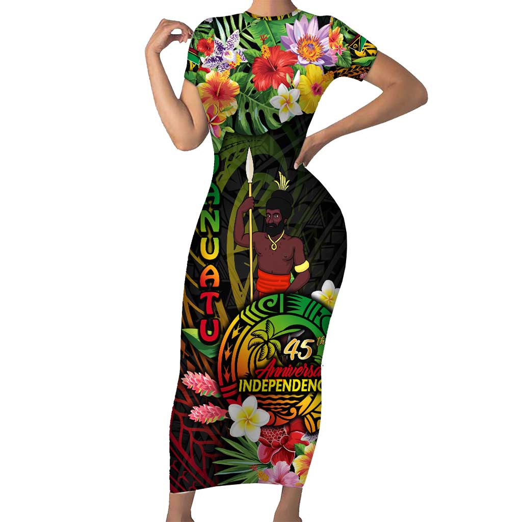45th Anniversary of Freedom Vanuatu Short Sleeve Bodycon Dress Island Pride Cultural Power Pacific Unity DT02 Long Dress Art - Polynesian Pride