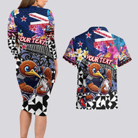 Personalized Kiwi New Zealand Rugby Couples Matching Long Sleeve Bodycon Dress and Hawaiian Shirt Kiwis Mascot Tropical Pattern DT02 - Polynesian Pride