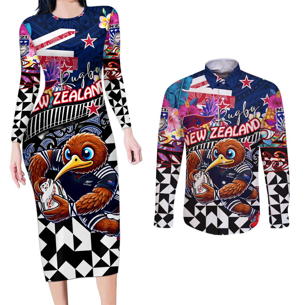 Personalized Kiwi New Zealand Rugby Couples Matching Long Sleeve Bodycon Dress and Long Sleeve Button Shirt Kiwis Mascot Tropical Pattern DT02 Blue - Polynesian Pride