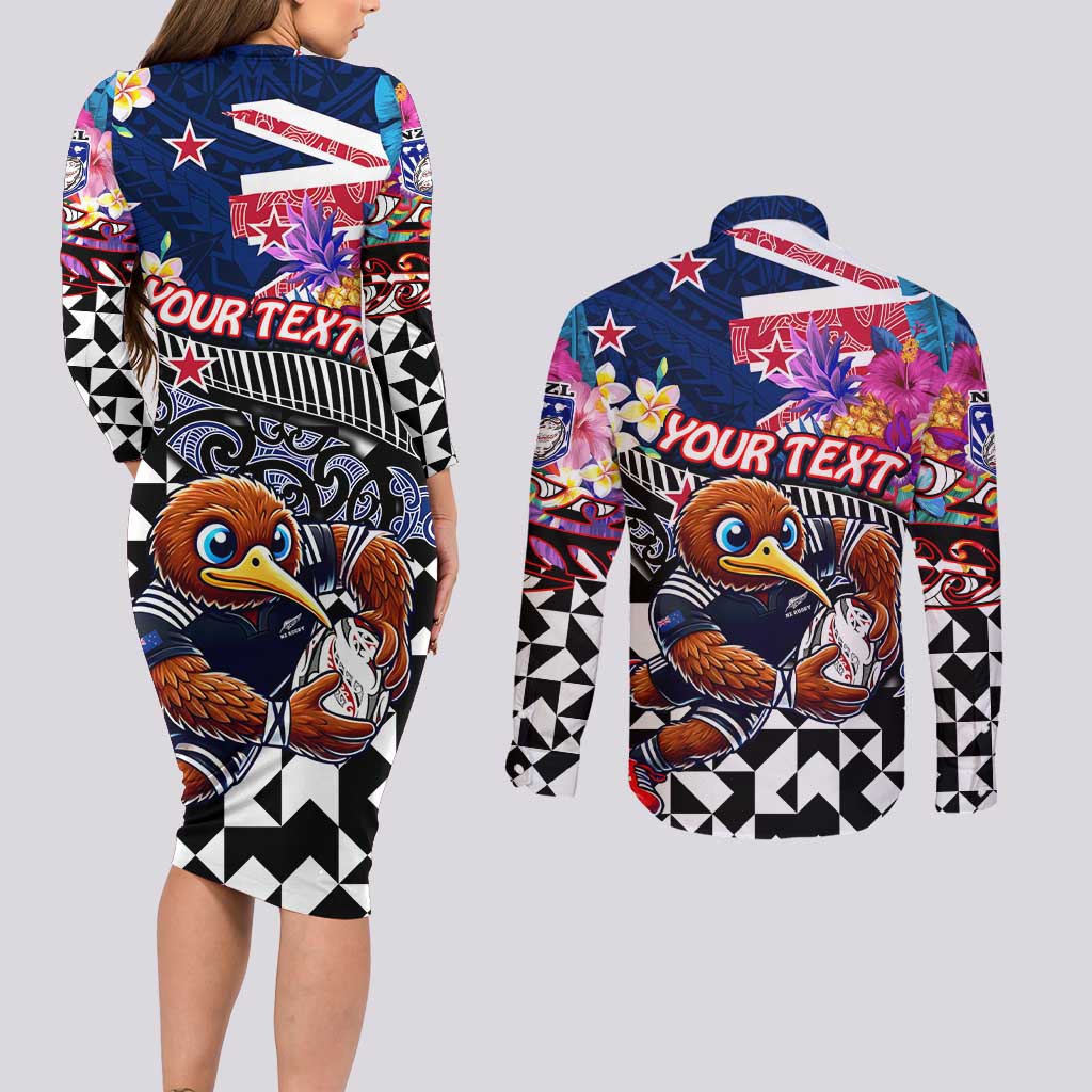 Personalized Kiwi New Zealand Rugby Couples Matching Long Sleeve Bodycon Dress and Long Sleeve Button Shirt Kiwis Mascot Tropical Pattern DT02 - Polynesian Pride