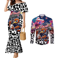 Personalized Kiwi New Zealand Rugby Couples Matching Mermaid Dress and Long Sleeve Button Shirt Kiwis Mascot Tropical Pattern DT02 Blue - Polynesian Pride