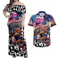 Personalized Kiwi New Zealand Rugby Couples Matching Off Shoulder Maxi Dress and Hawaiian Shirt Kiwis Mascot Tropical Pattern DT02 Blue - Polynesian Pride