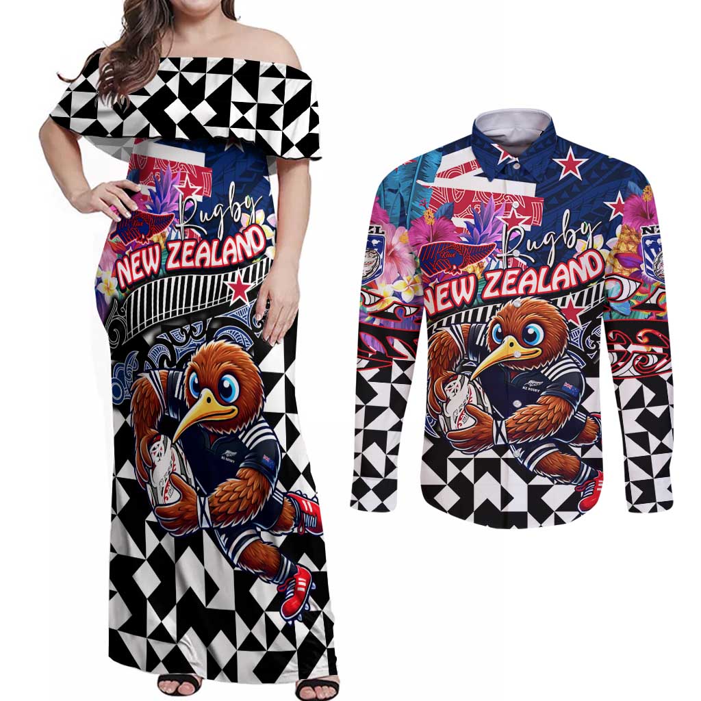 Personalized Kiwi New Zealand Rugby Couples Matching Off Shoulder Maxi Dress and Long Sleeve Button Shirt Kiwis Mascot Tropical Pattern DT02 Blue - Polynesian Pride