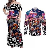 Personalized Kiwi New Zealand Rugby Couples Matching Off Shoulder Maxi Dress and Long Sleeve Button Shirt Kiwis Mascot Tropical Pattern DT02 Blue - Polynesian Pride