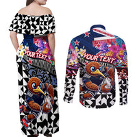 Personalized Kiwi New Zealand Rugby Couples Matching Off Shoulder Maxi Dress and Long Sleeve Button Shirt Kiwis Mascot Tropical Pattern DT02 - Polynesian Pride