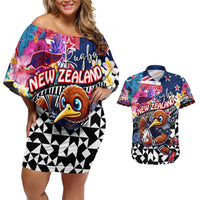 Personalized Kiwi New Zealand Rugby Couples Matching Off Shoulder Short Dress and Hawaiian Shirt Kiwis Mascot Tropical Pattern DT02 Blue - Polynesian Pride