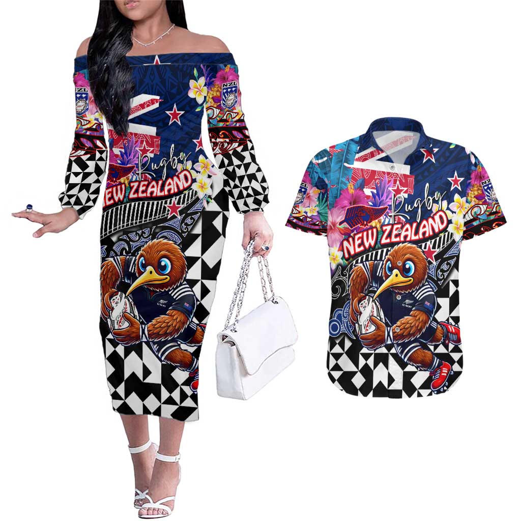 Personalized Kiwi New Zealand Rugby Couples Matching Off The Shoulder Long Sleeve Dress and Hawaiian Shirt Kiwis Mascot Tropical Pattern DT02 Blue - Polynesian Pride