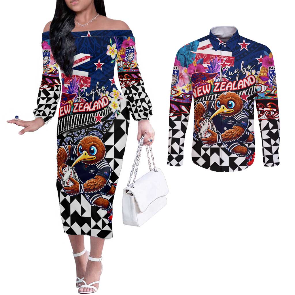 Personalized Kiwi New Zealand Rugby Couples Matching Off The Shoulder Long Sleeve Dress and Long Sleeve Button Shirt Kiwis Mascot Tropical Pattern DT02 Blue - Polynesian Pride