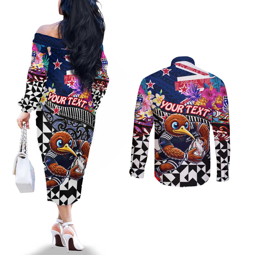 Personalized Kiwi New Zealand Rugby Couples Matching Off The Shoulder Long Sleeve Dress and Long Sleeve Button Shirt Kiwis Mascot Tropical Pattern DT02 - Polynesian Pride
