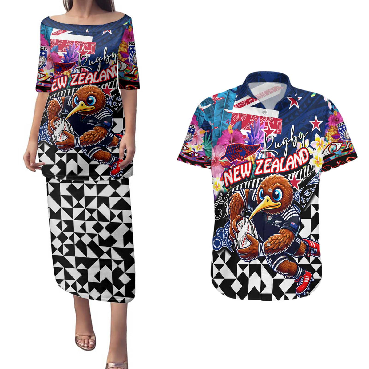 Personalized Kiwi New Zealand Rugby Couples Matching Puletasi and Hawaiian Shirt Kiwis Mascot Tropical Pattern DT02 Blue - Polynesian Pride