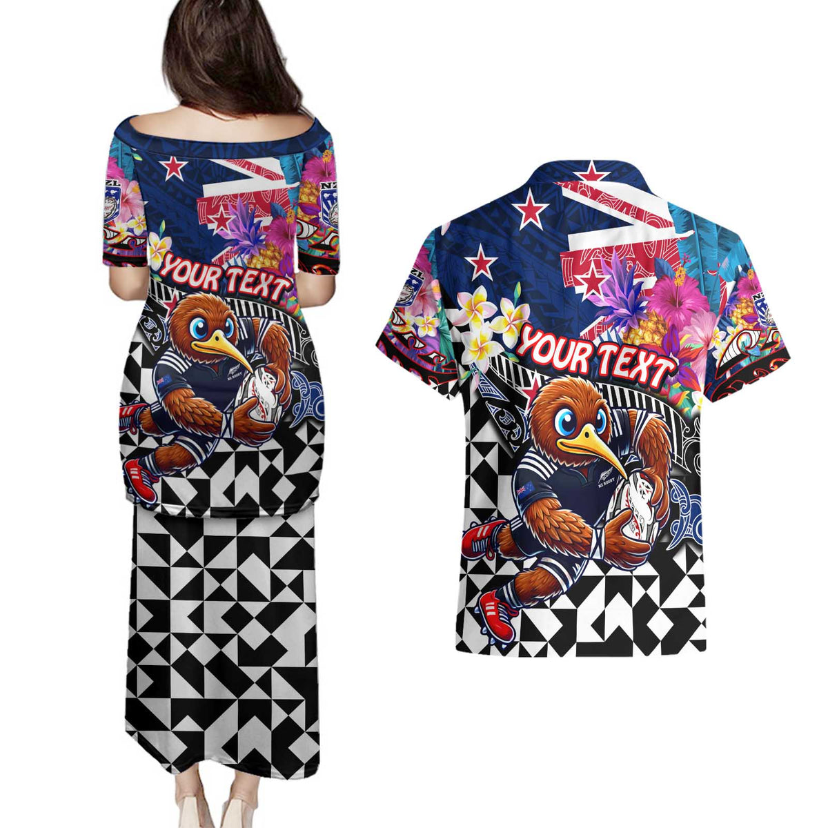 Personalized Kiwi New Zealand Rugby Couples Matching Puletasi and Hawaiian Shirt Kiwis Mascot Tropical Pattern DT02 - Polynesian Pride