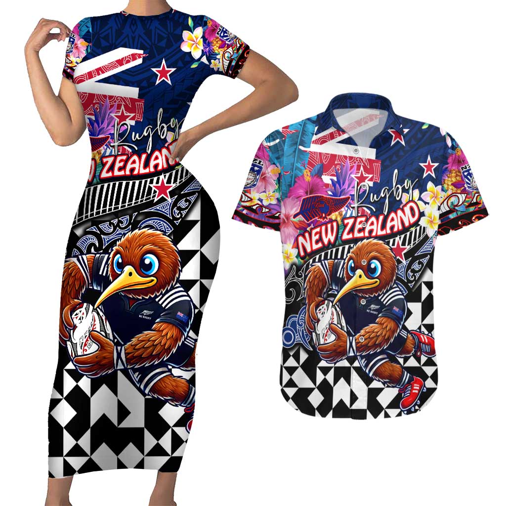 Personalized Kiwi New Zealand Rugby Couples Matching Short Sleeve Bodycon Dress and Hawaiian Shirt Kiwis Mascot Tropical Pattern DT02 Blue - Polynesian Pride