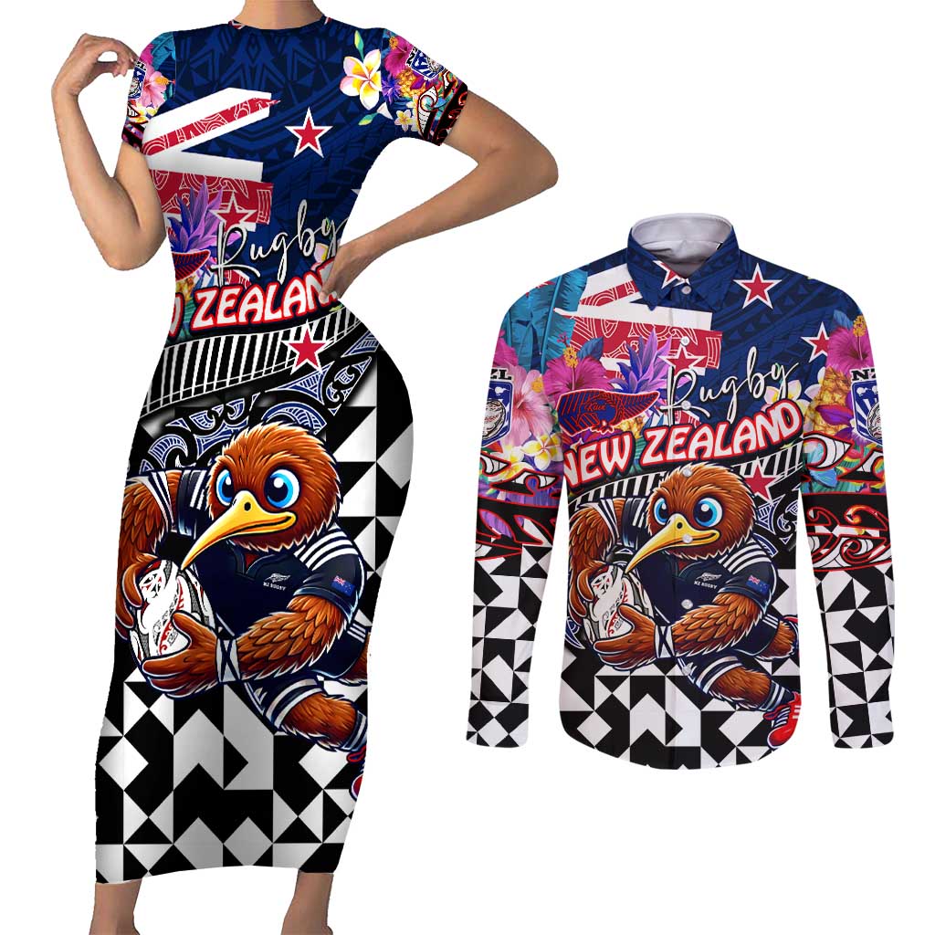 Personalized Kiwi New Zealand Rugby Couples Matching Short Sleeve Bodycon Dress and Long Sleeve Button Shirt Kiwis Mascot Tropical Pattern DT02 Blue - Polynesian Pride