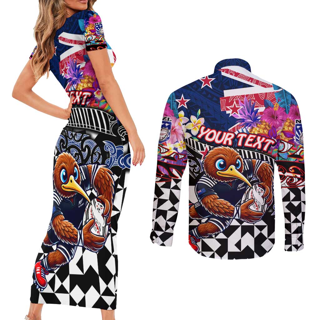 Personalized Kiwi New Zealand Rugby Couples Matching Short Sleeve Bodycon Dress and Long Sleeve Button Shirt Kiwis Mascot Tropical Pattern DT02 - Polynesian Pride