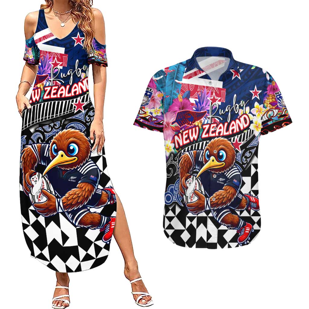 Personalized Kiwi New Zealand Rugby Couples Matching Summer Maxi Dress and Hawaiian Shirt Kiwis Mascot Tropical Pattern DT02 Blue - Polynesian Pride