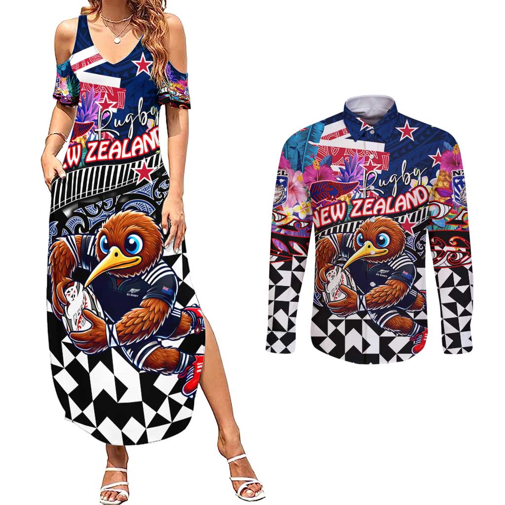 Personalized Kiwi New Zealand Rugby Couples Matching Summer Maxi Dress and Long Sleeve Button Shirt Kiwis Mascot Tropical Pattern DT02 Blue - Polynesian Pride