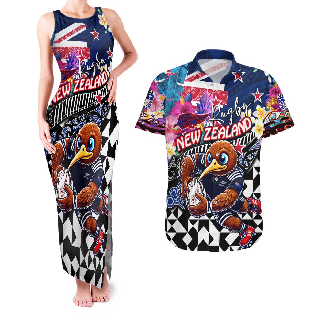 Personalized Kiwi New Zealand Rugby Couples Matching Tank Maxi Dress and Hawaiian Shirt Kiwis Mascot Tropical Pattern DT02 Blue - Polynesian Pride