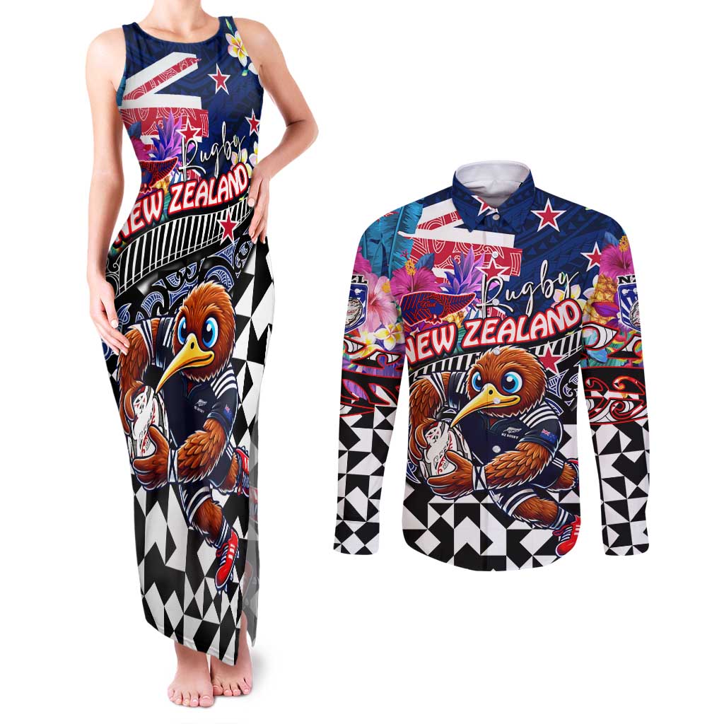 Personalized Kiwi New Zealand Rugby Couples Matching Tank Maxi Dress and Long Sleeve Button Shirt Kiwis Mascot Tropical Pattern DT02 Blue - Polynesian Pride