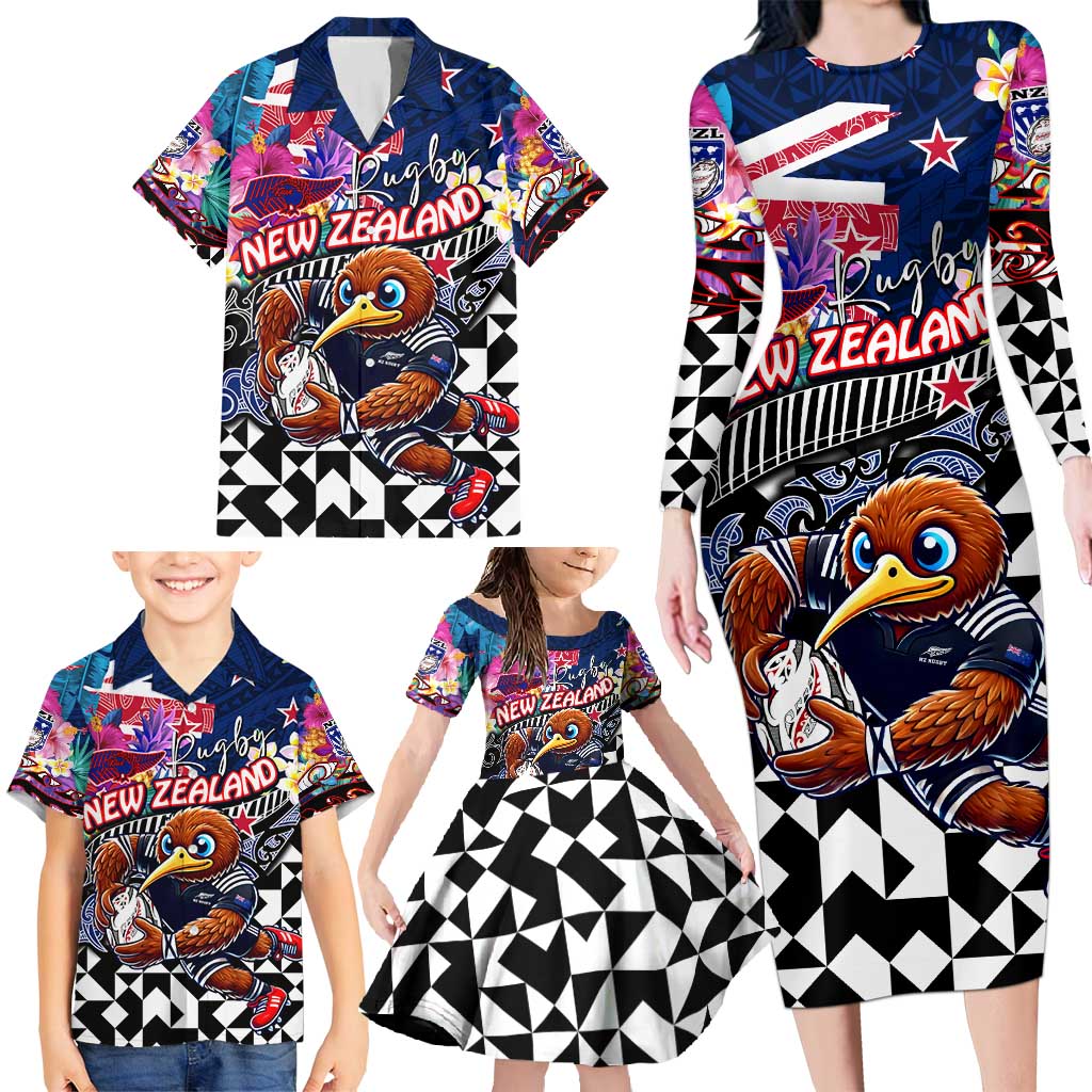 Personalized Kiwi New Zealand Rugby Family Matching Long Sleeve Bodycon Dress and Hawaiian Shirt Kiwis Mascot Tropical Pattern DT02 - Polynesian Pride