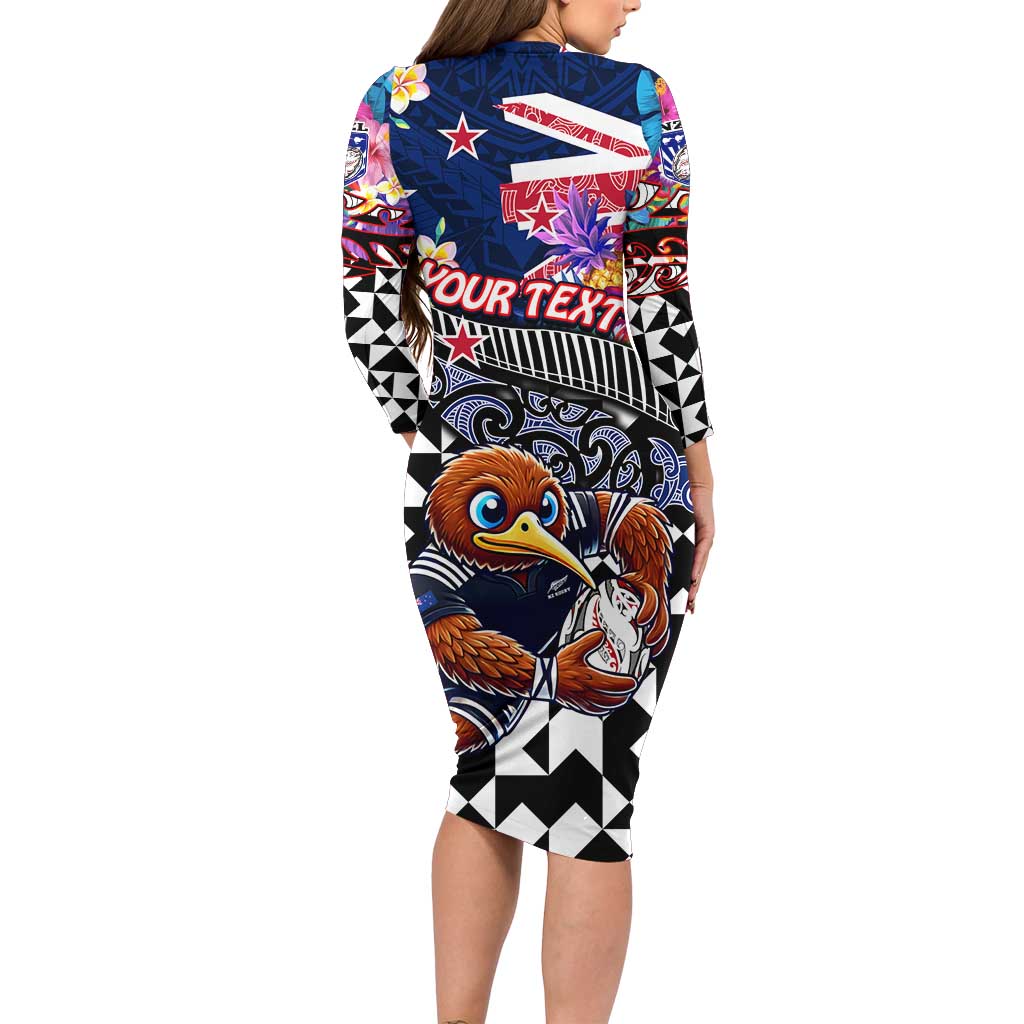 Personalized Kiwi New Zealand Rugby Family Matching Long Sleeve Bodycon Dress and Hawaiian Shirt Kiwis Mascot Tropical Pattern DT02 - Polynesian Pride