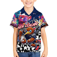 Personalized Kiwi New Zealand Rugby Family Matching Off The Shoulder Long Sleeve Dress and Hawaiian Shirt Kiwis Mascot Tropical Pattern DT02 Son's Shirt Blue - Polynesian Pride