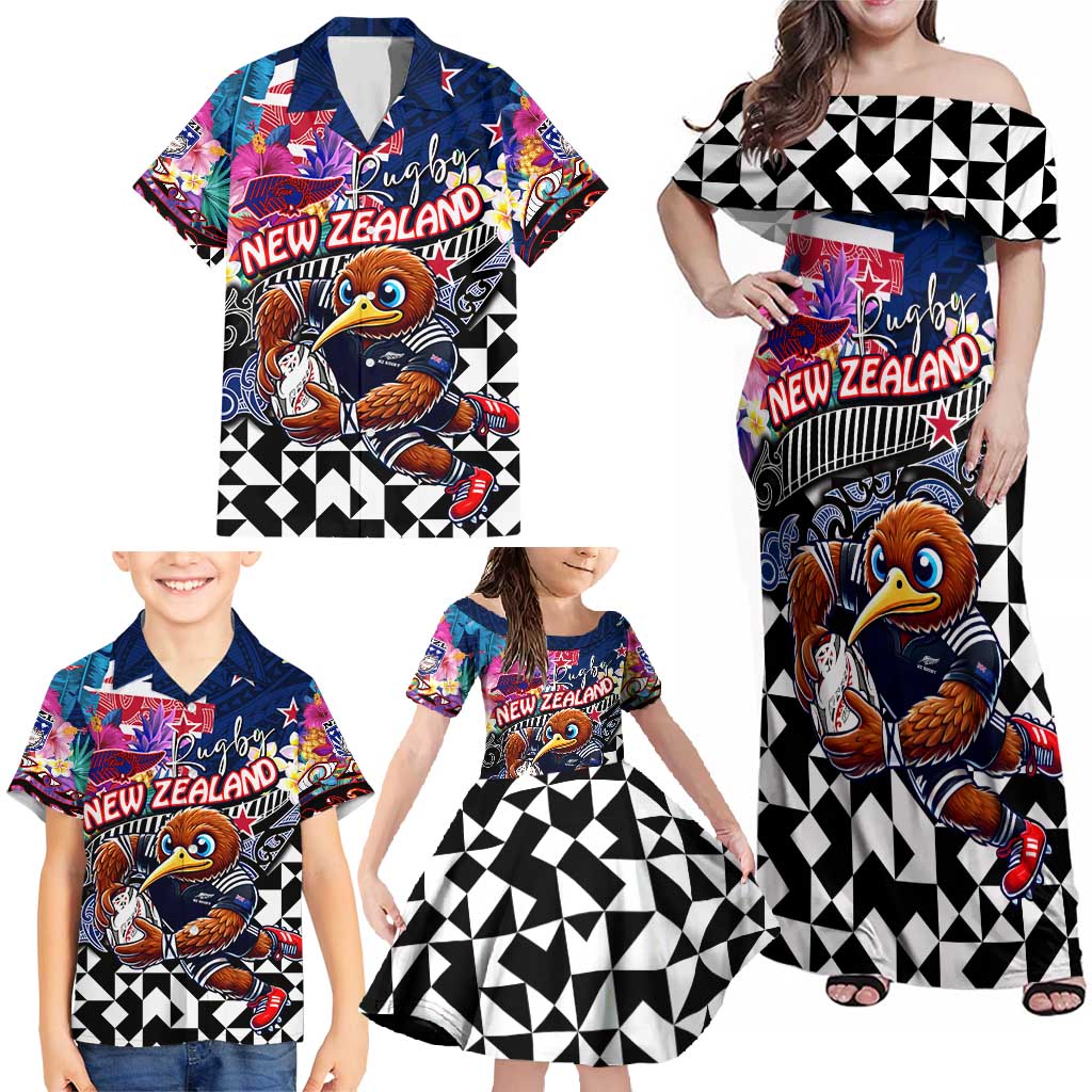 Personalized Kiwi New Zealand Rugby Family Matching Off Shoulder Maxi Dress and Hawaiian Shirt Kiwis Mascot Tropical Pattern DT02 - Polynesian Pride