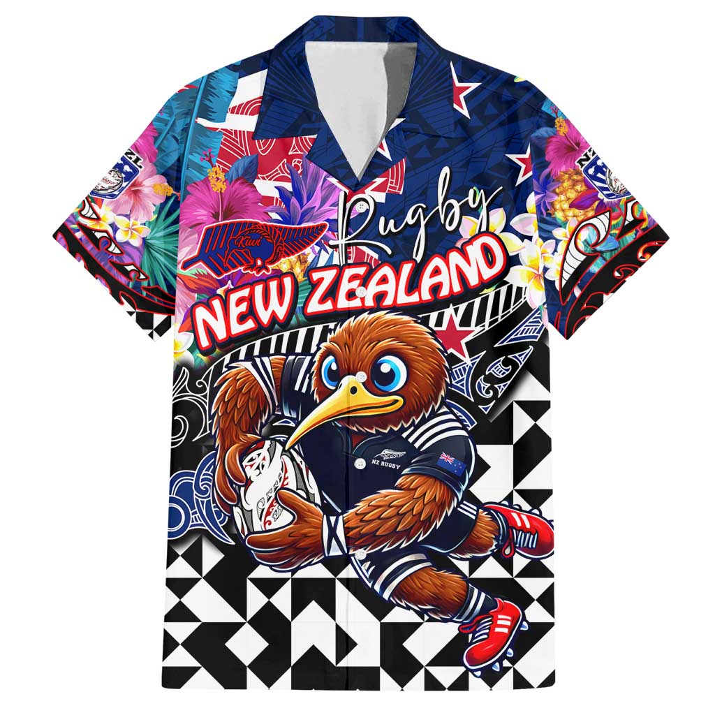 Personalized Kiwi New Zealand Rugby Family Matching Off Shoulder Maxi Dress and Hawaiian Shirt Kiwis Mascot Tropical Pattern DT02 Dad's Shirt - Short Sleeve Blue - Polynesian Pride