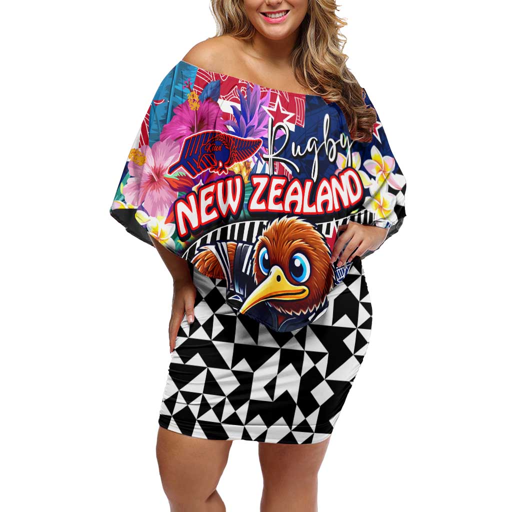 Personalized Kiwi New Zealand Rugby Family Matching Off Shoulder Short Dress and Hawaiian Shirt Kiwis Mascot Tropical Pattern DT02 Mom's Dress Blue - Polynesian Pride