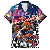 Personalized Kiwi New Zealand Rugby Family Matching Short Sleeve Bodycon Dress and Hawaiian Shirt Kiwis Mascot Tropical Pattern DT02 Dad's Shirt - Short Sleeve Blue - Polynesian Pride