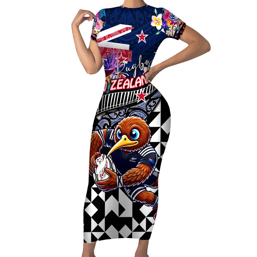 Personalized Kiwi New Zealand Rugby Family Matching Short Sleeve Bodycon Dress and Hawaiian Shirt Kiwis Mascot Tropical Pattern DT02 Mom's Dress Blue - Polynesian Pride