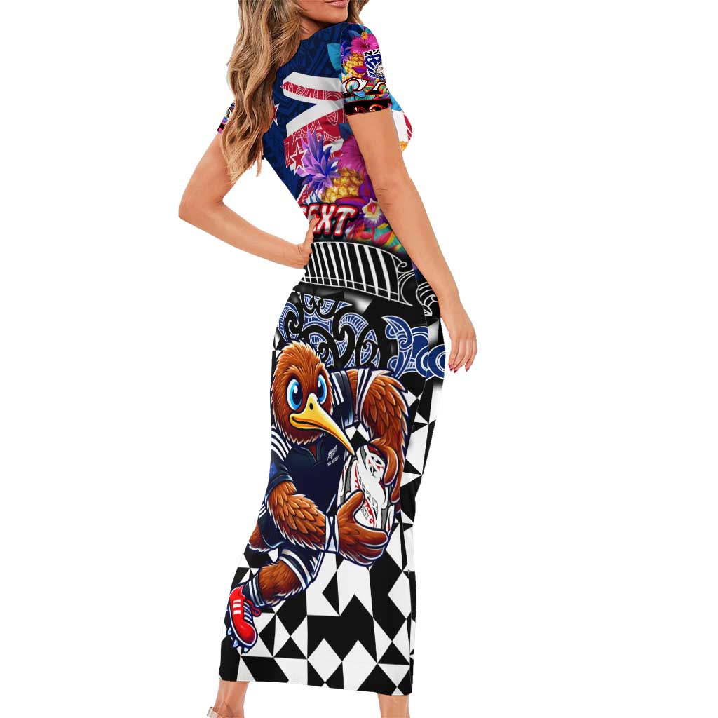 Personalized Kiwi New Zealand Rugby Family Matching Short Sleeve Bodycon Dress and Hawaiian Shirt Kiwis Mascot Tropical Pattern DT02 - Polynesian Pride