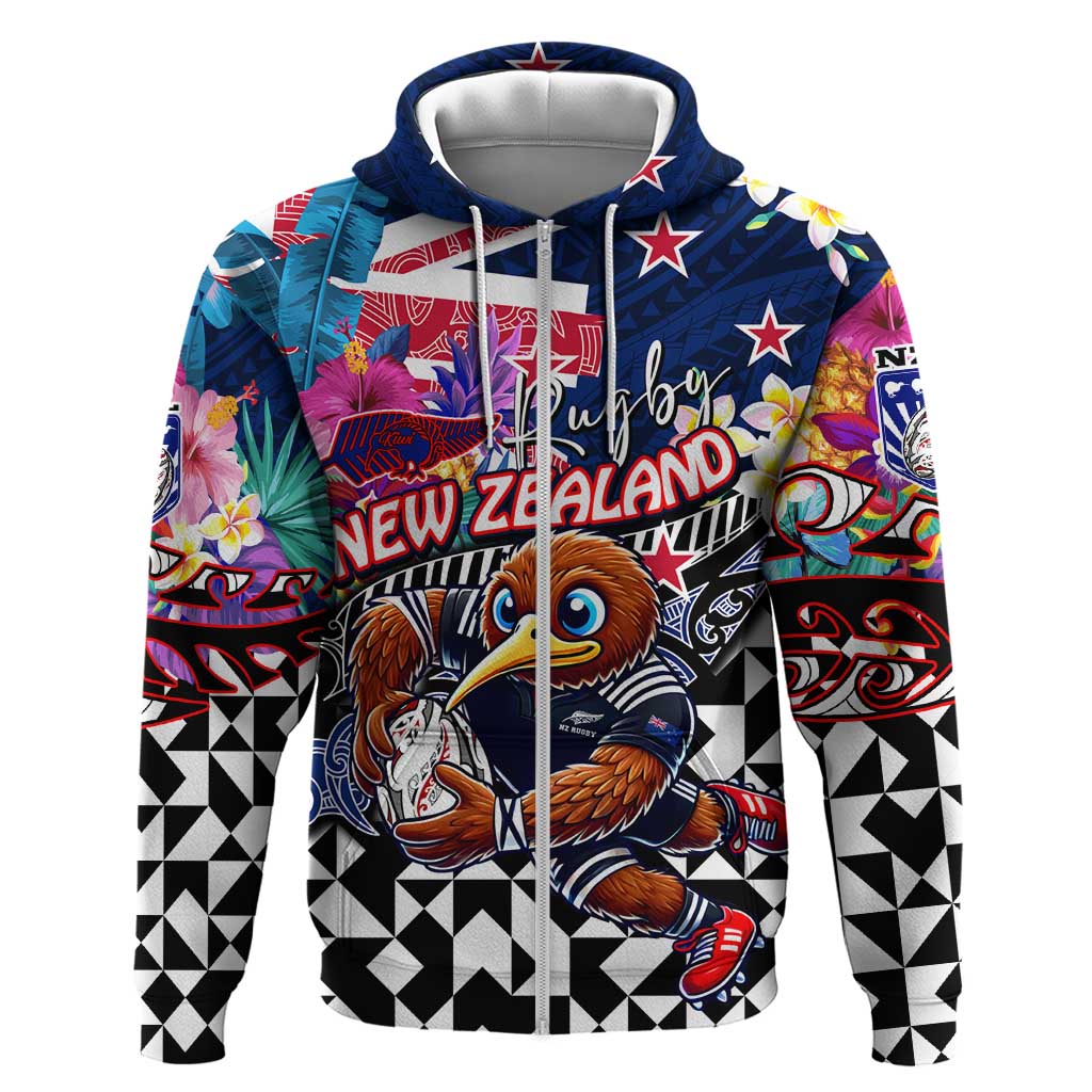 Personalized Kiwi New Zealand Rugby Hoodie Kiwis Mascot Tropical Pattern