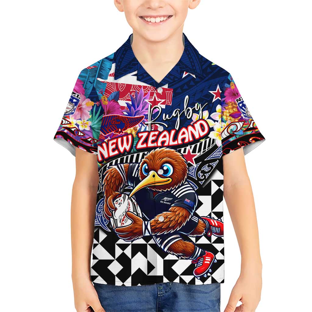 Personalized Kiwi New Zealand Rugby Kid Hawaiian Shirt Kiwis Mascot Tropical Pattern DT02 Kid Blue - Polynesian Pride