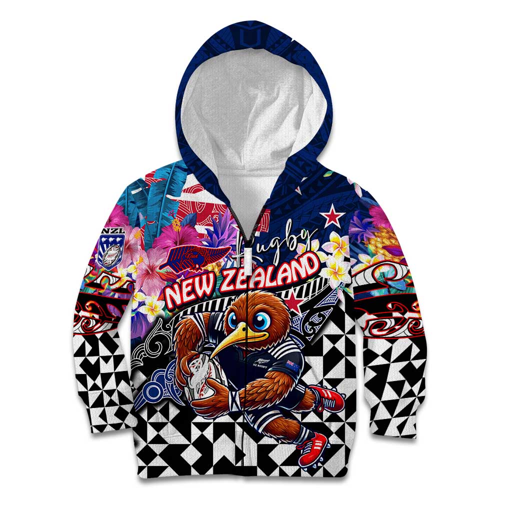 Personalized Kiwi New Zealand Rugby Kid Hoodie Kiwis Mascot Tropical Pattern DT02 Zip Hoodie Blue - Polynesian Pride