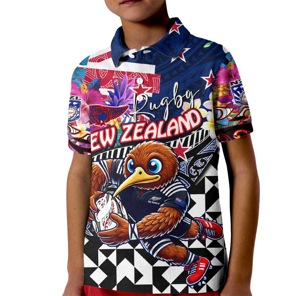 Personalized Kiwi New Zealand Rugby Kid Polo Shirt Kiwis Mascot Tropical Pattern DT02 Kid Blue - Polynesian Pride