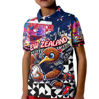 Personalized Kiwi New Zealand Rugby Kid Polo Shirt Kiwis Mascot Tropical Pattern DT02 Kid Blue - Polynesian Pride
