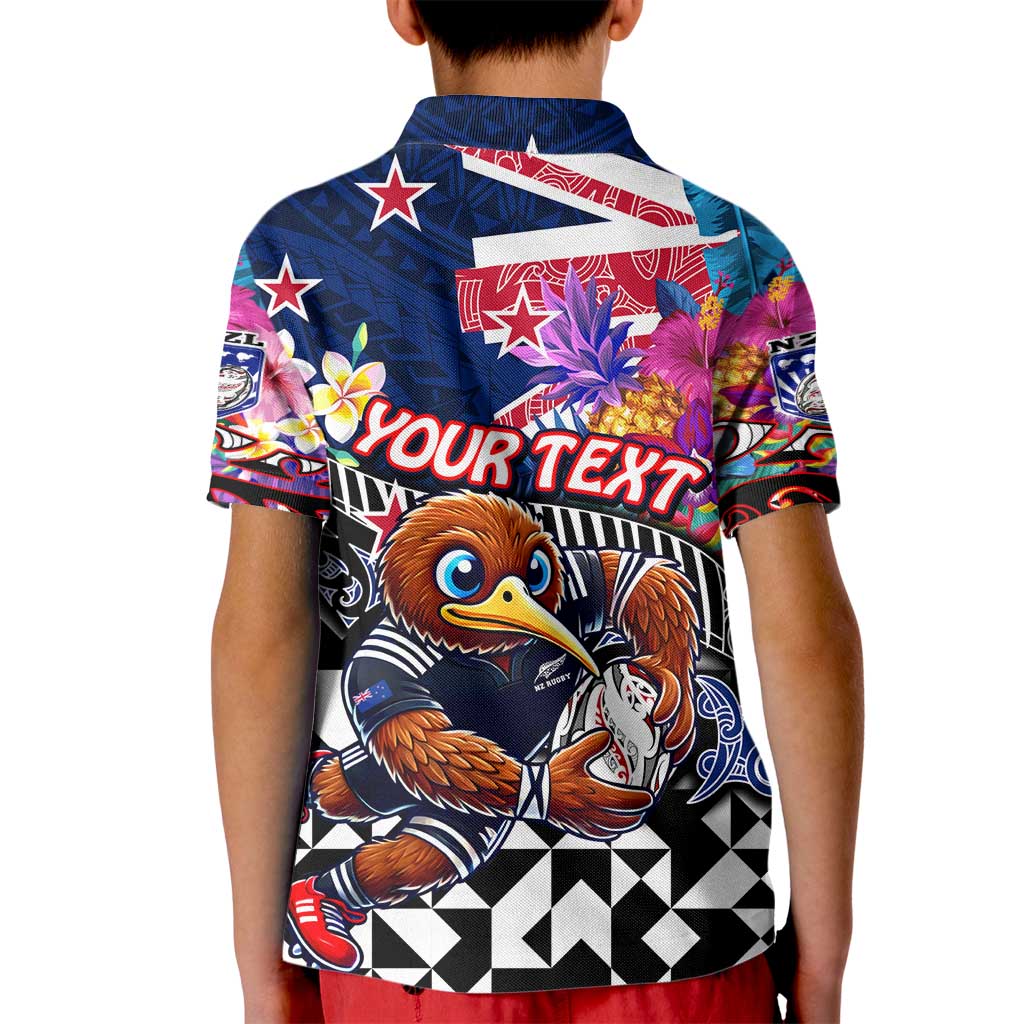 Personalized Kiwi New Zealand Rugby Kid Polo Shirt Kiwis Mascot Tropical Pattern DT02 - Polynesian Pride