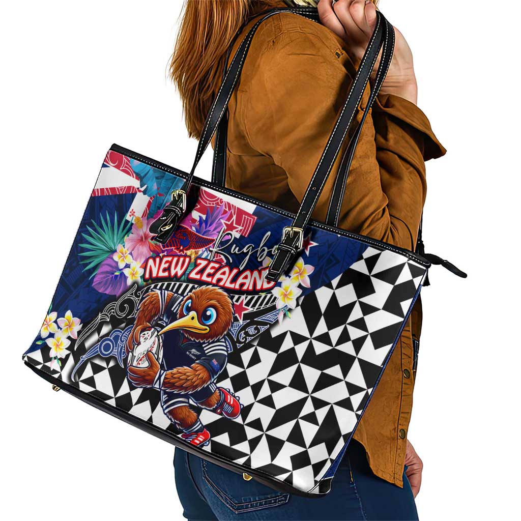 Kiwi New Zealand Rugby Leather Tote Bag Kiwis Mascot Tropical Pattern