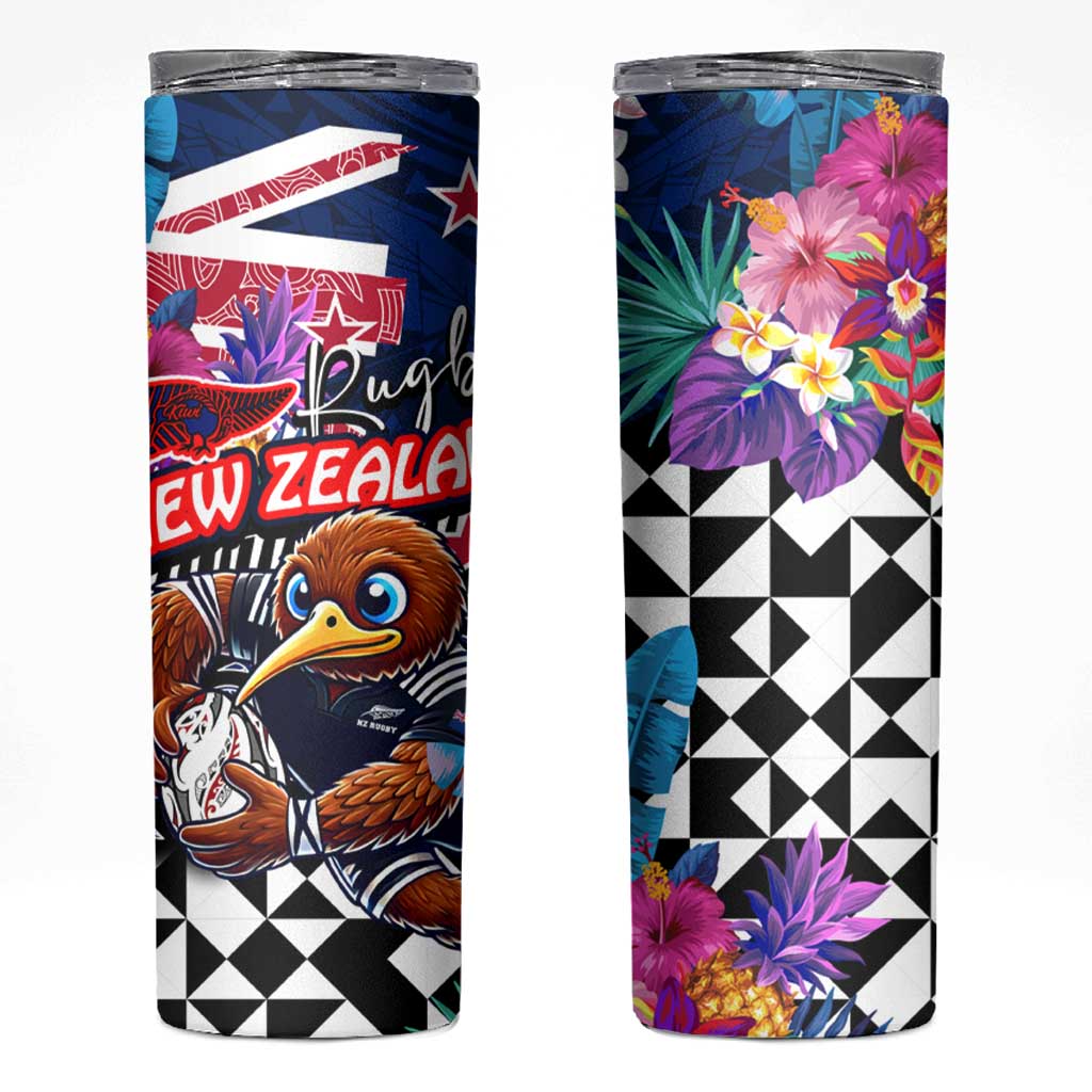 Kiwi New Zealand Rugby Skinny Tumbler Kiwis Mascot Tropical Pattern DT02 Blue - Polynesian Pride