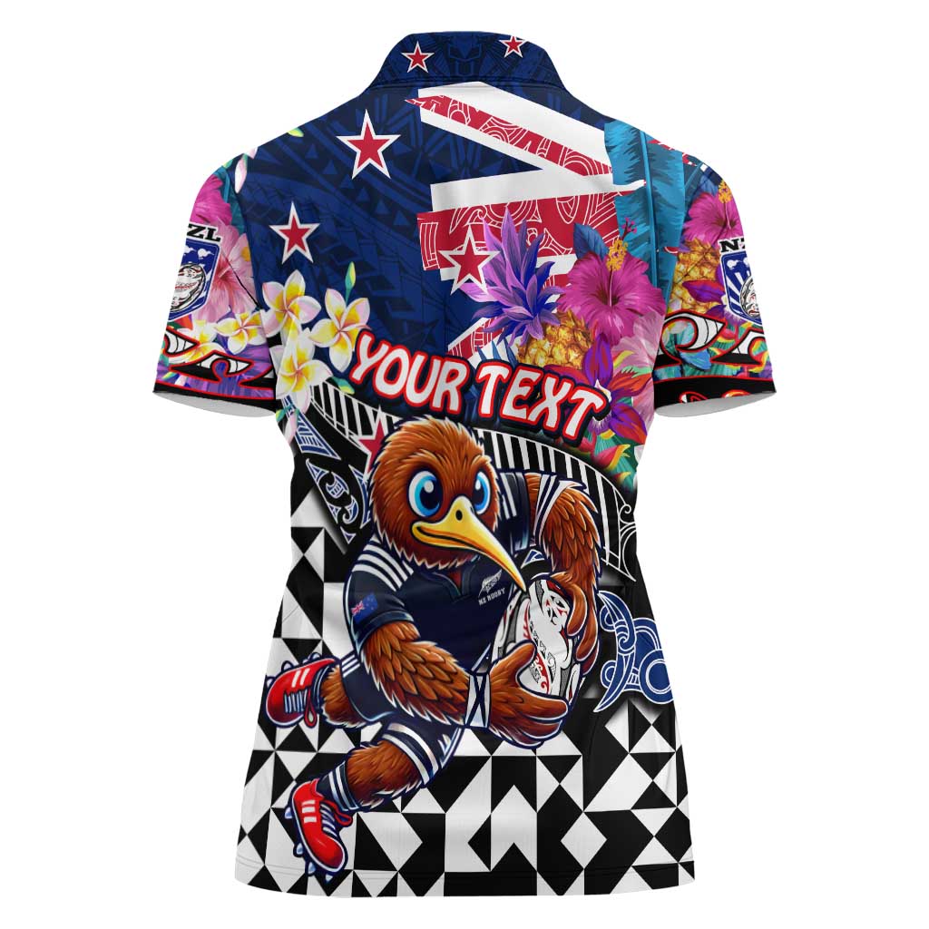 Personalized Kiwi New Zealand Rugby Women Polo Shirt Kiwis Mascot Tropical Pattern