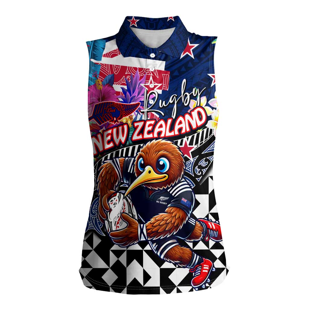 Personalized Kiwi New Zealand Rugby Women Sleeveless Polo Shirt Kiwis Mascot Tropical Pattern DT02 Female Blue - Polynesian Pride